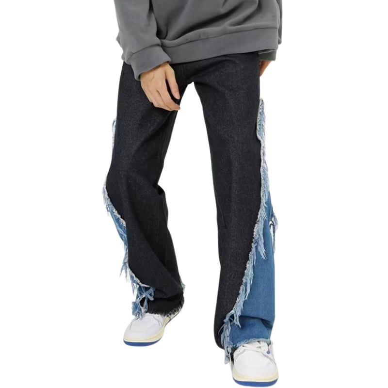 Raw Edge Color Patchwork Distressed Jeans