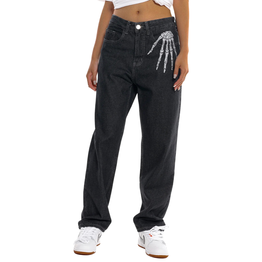 Dark Skeleton Embroidery Baggy Jeans