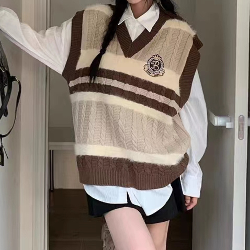 Women's Classic College Contrast V-Neck Knitted Vest