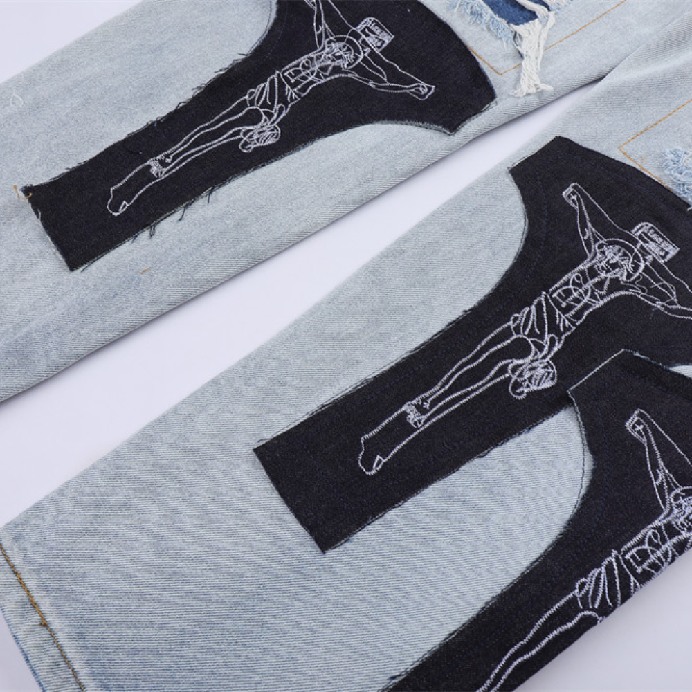High Street Ripped Patch Straight Jeans