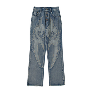 Retro Flame Patchwork Straight Fading Jeans