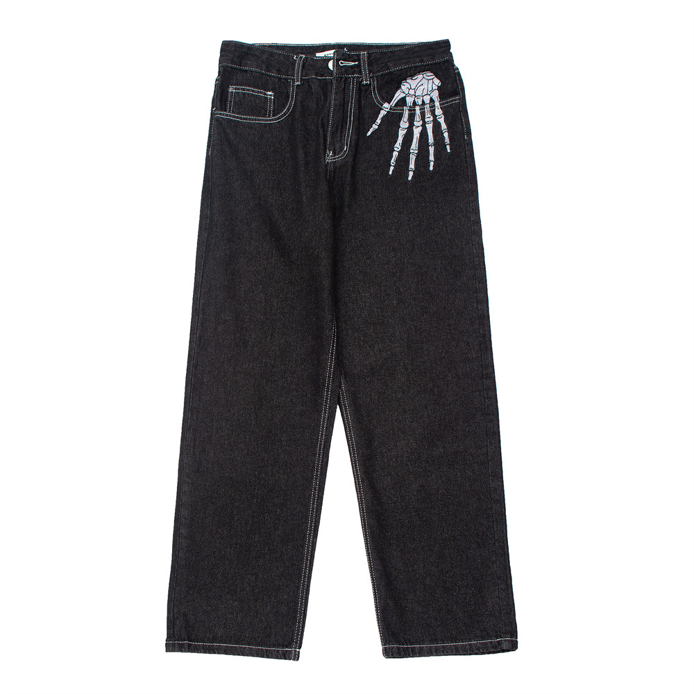 Dark Skeleton Embroidery Baggy Jeans