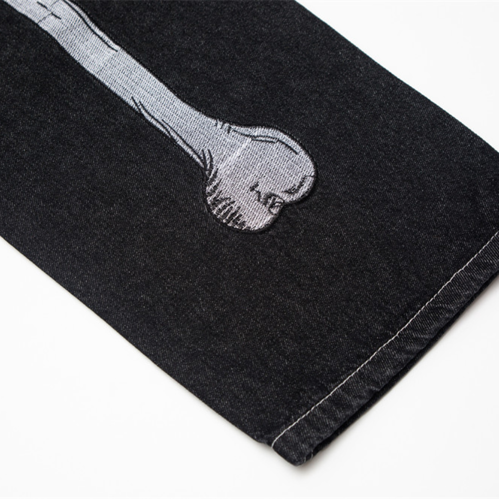 Dark Skeleton Embroidery Baggy Jeans
