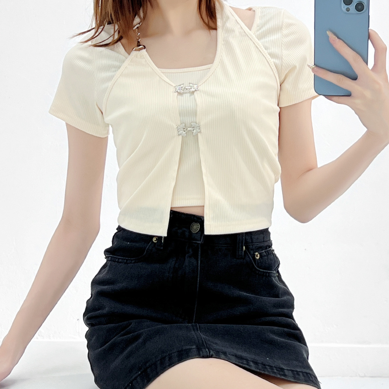 Women's Halter Neck Fake Two Piece T-shirts