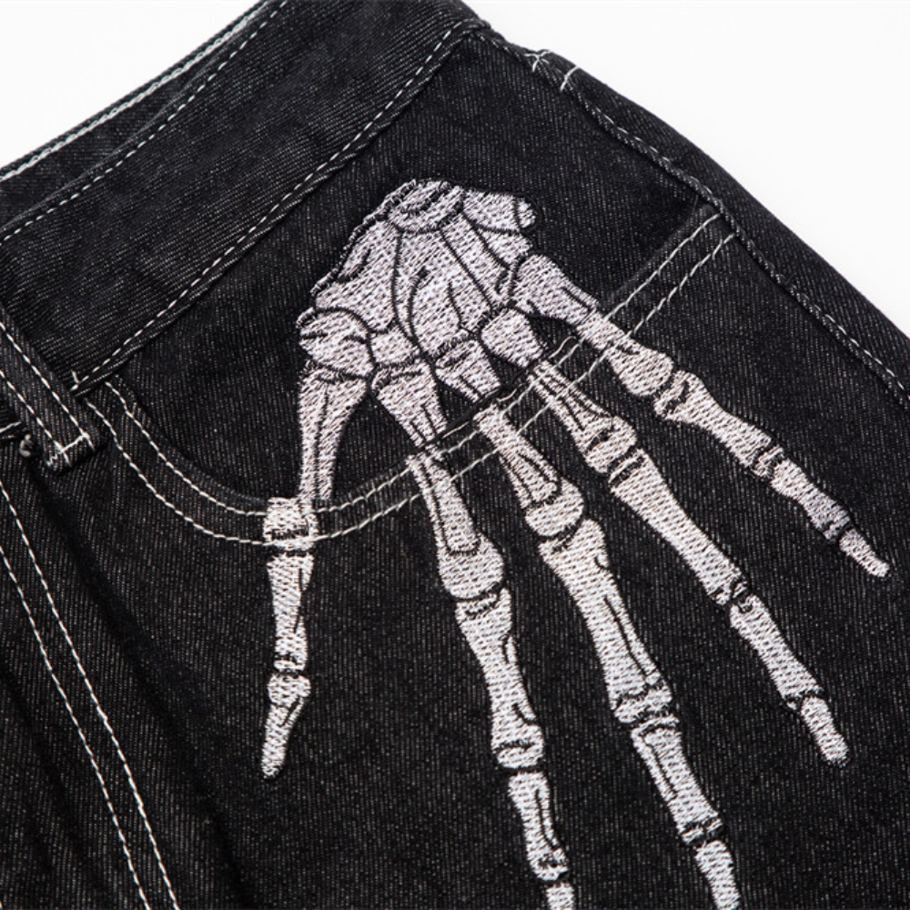 Dark Skeleton Embroidery Baggy Jeans