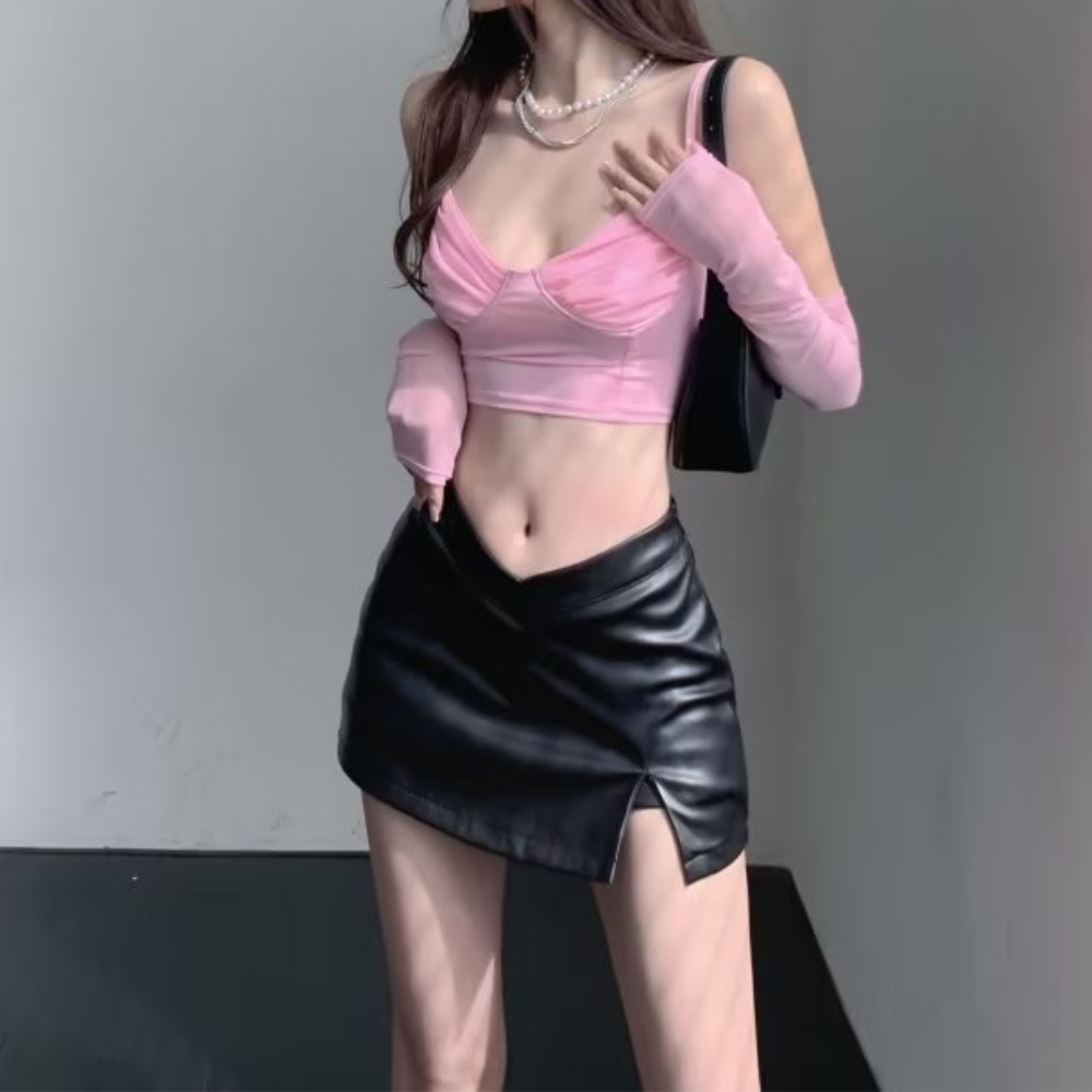 Women's Sexy Black Split PU Skirt