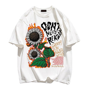 【Subscription】 Burning Sunflower And Slogan Print Trendy T-shirt