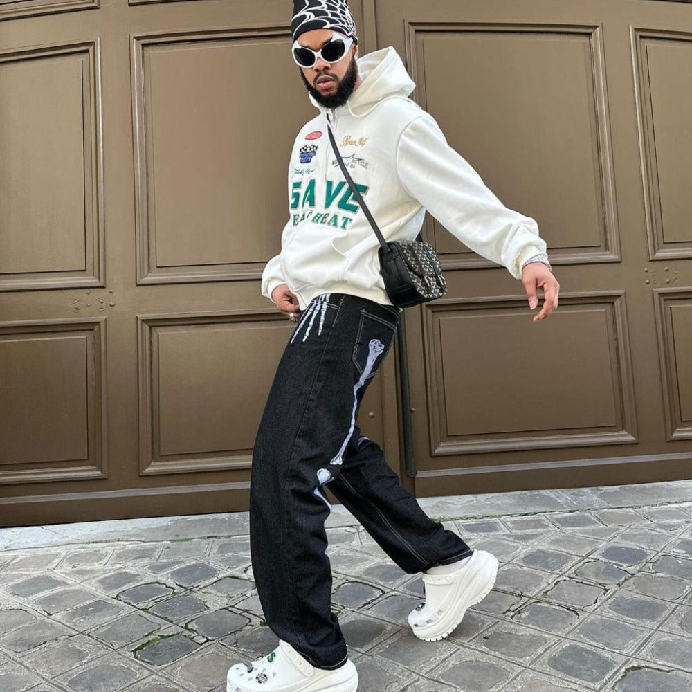 Dark Skeleton Embroidery Baggy Jeans