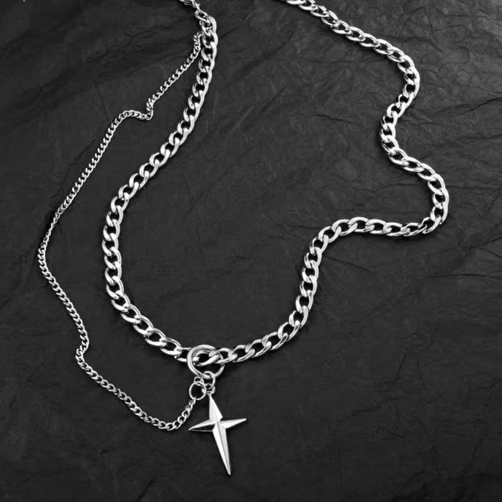 High Grade Titanium Steel Double Star Awn Hip Hop Necklace