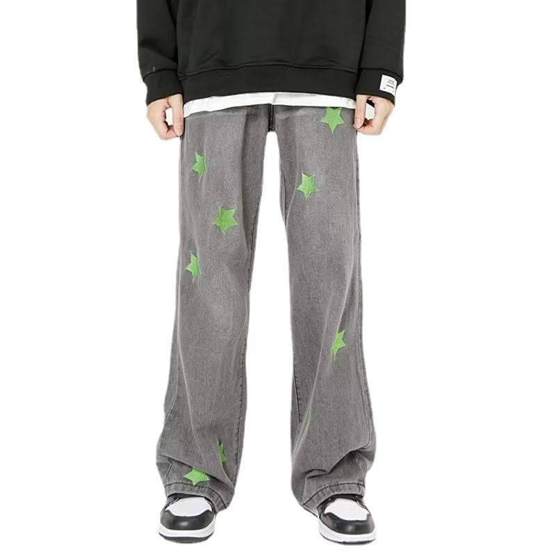 Green Star Embroidery Straight Jeans
