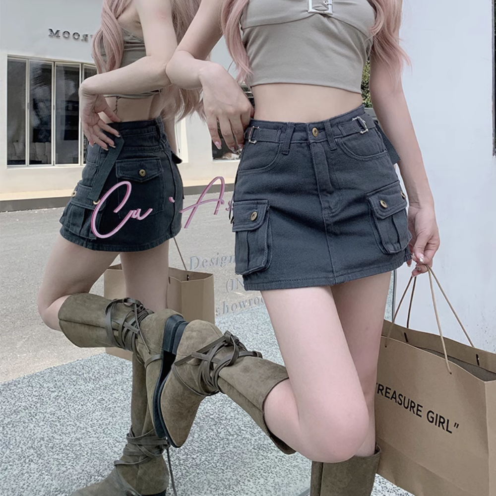 Women's Retro Solid Color Cargo Skirt