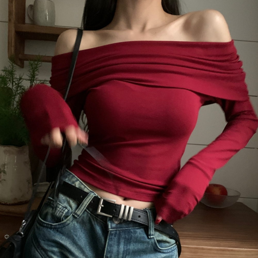 Women's  Retro Red One Shoulder Long Sleeve