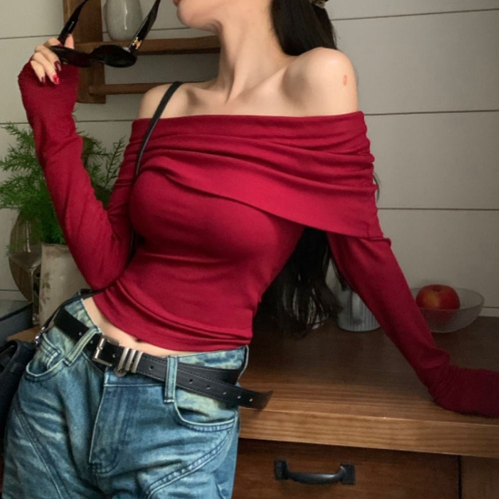 Women's  Retro Red One Shoulder Long Sleeve