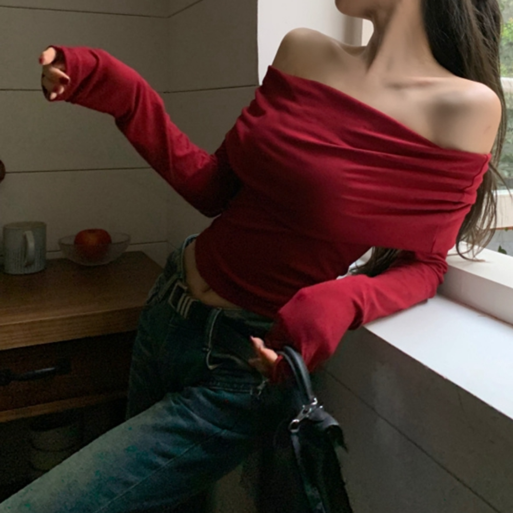 Women's  Retro Red One Shoulder Long Sleeve