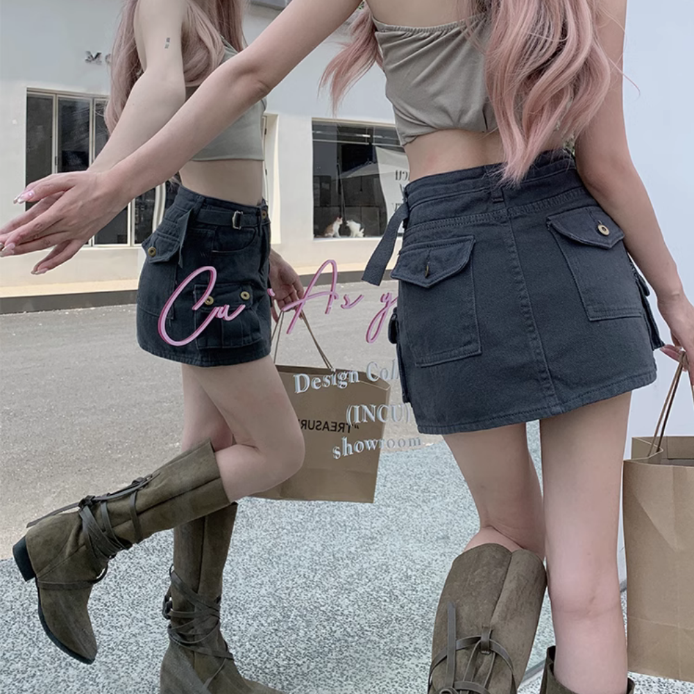 Women's Retro Solid Color Cargo Skirt