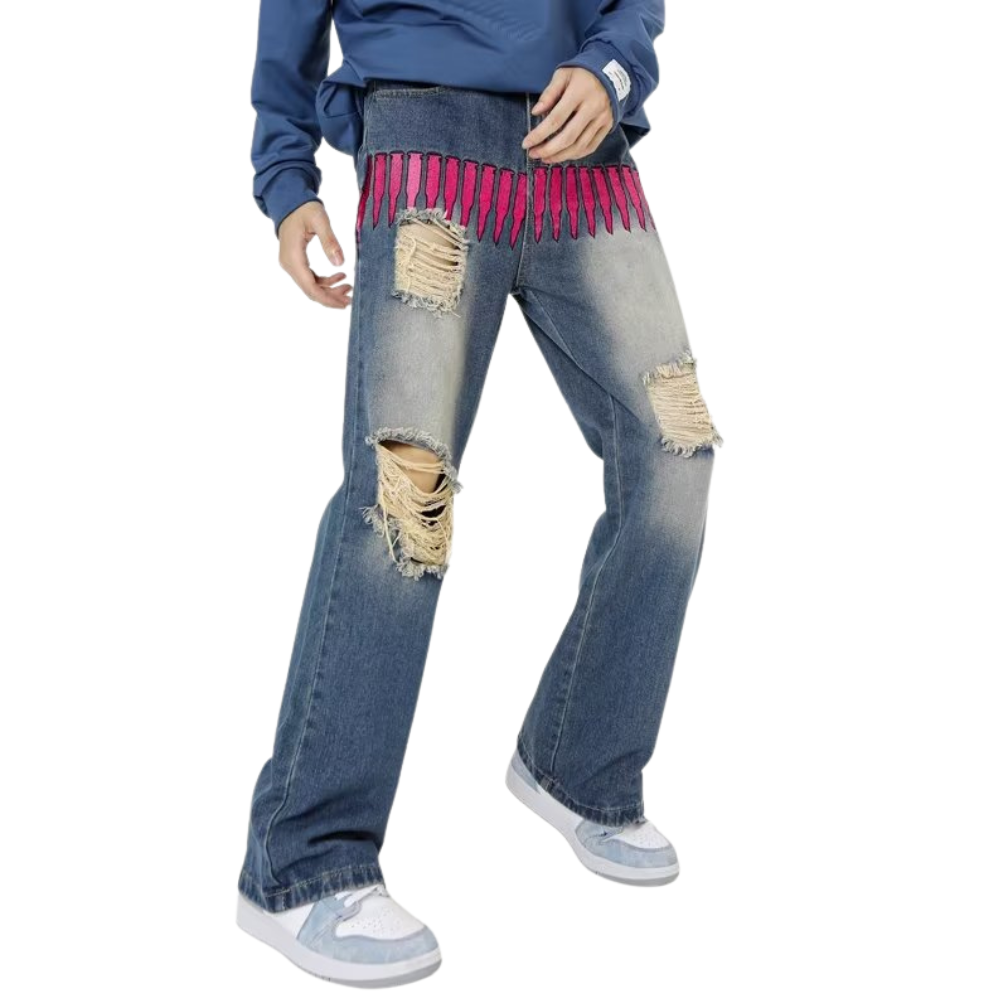 Hip Hop Destroyed Embroidered Jeans
